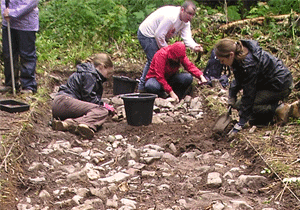 Members of the excavation team louging in the trench