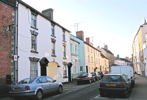 St Mary's Street, Monmouth looking west showing the post-medieval houses