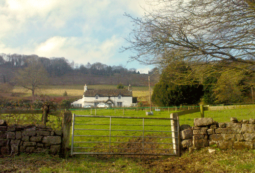 Image showing the agricultural nature of HLCA025 with traditional farmhouse surrounded by stone boundaries (centre of shot).