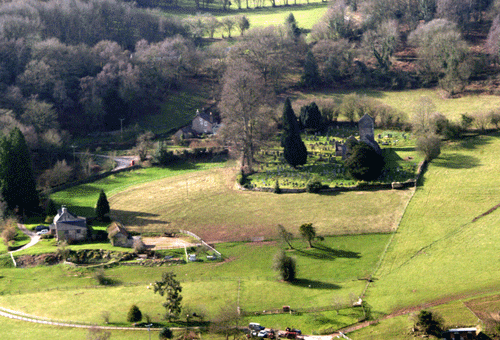 Aerial view of Penallt Old Church and the earthworks associated with a possible medieval shrunken village.