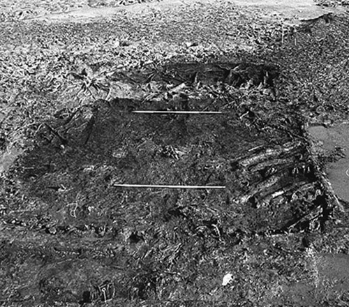 Iron Age rectangular building, found on the foreshore at Goldcliff, Gwent. This was the first time that such buildings had been found in Wales.