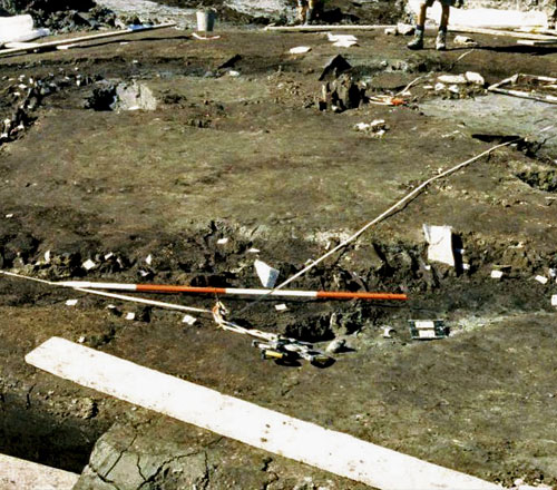 Prehistoric timber house, seen here during excavation, found during the construction of buildings on Greenmoor Arch Industrial Estate east of Newport. The walls were marked by lines of wooden stakes driven close together into the peat, and braced by horizontal timbers held in place by upright posts spaced about 1m apart.