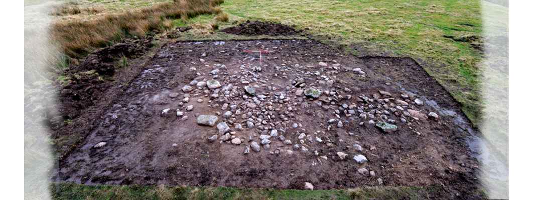 An aerial view of an excavated Bronze Age cairn at Ffos-y-fran, Merthyr Tydfil