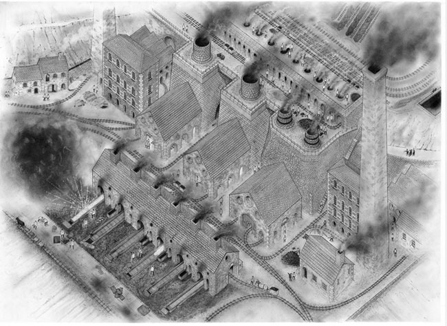 Reconstruction drawing of Ynysfach Ironworks by our Senior Illustrator Paul Jones